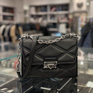 Michael Kors Serena Medium Flap Shoulder Crossbody Bag Black/Silver